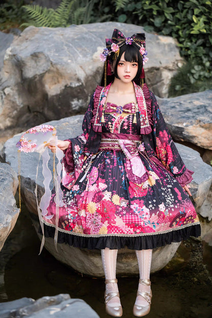 Cherry Blossom Cat Print Sleeveless Bow Sweet Lolita JSK