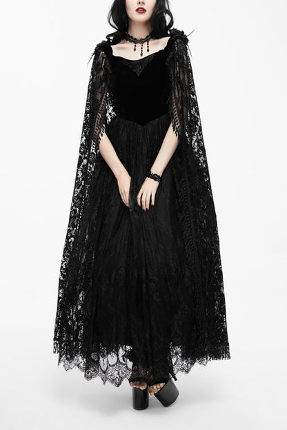 Gothic Women's Long Velvet Dress with Feather Flower Off-Collar and Lace Shawl