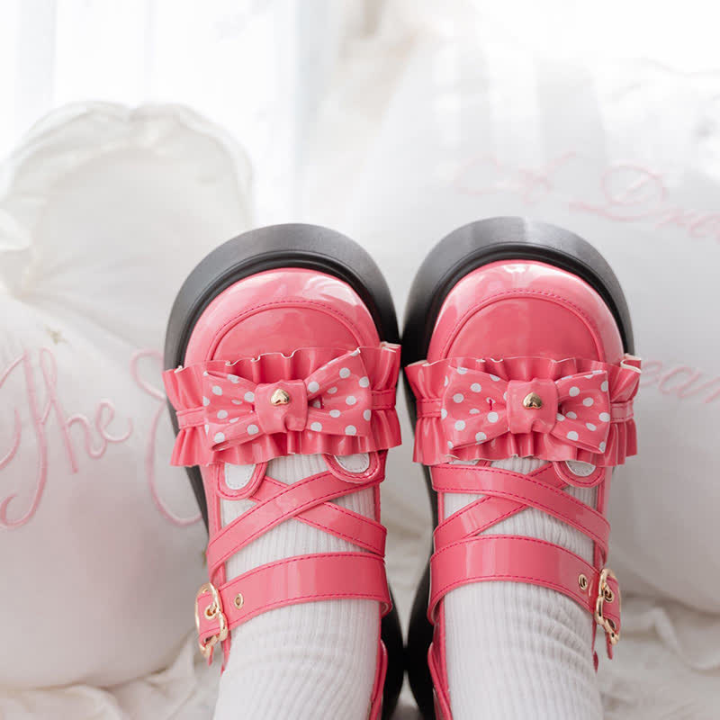 Chaussures Lolita à plateforme avec nœud à pois et ours de dessin animé