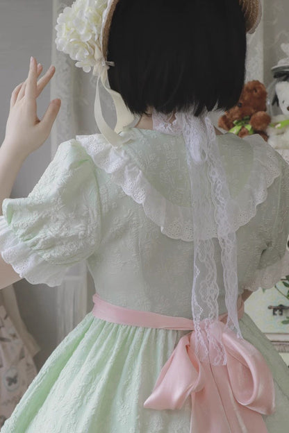 Green Short-Sleeved Rose Print Ruffled Bow-Trim Sweet Lolita Dress