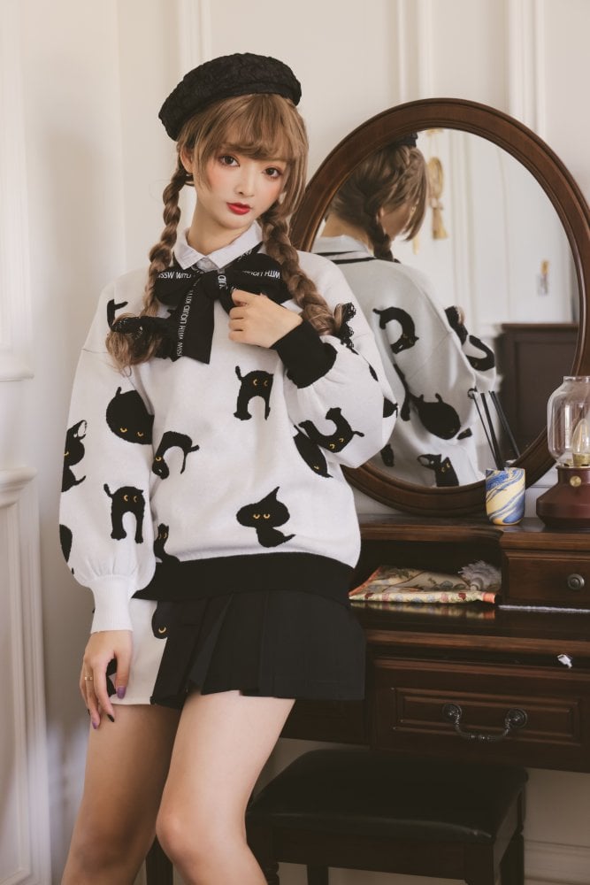 Halloween Black Cat Lolita Sweater with Tie