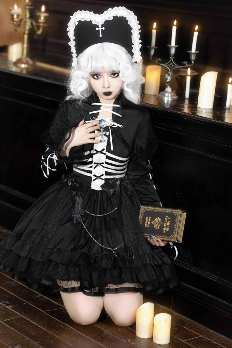 Black Gothic Princess Lolita JSK Dress with Multi-Layer Ruffles and Bowknot