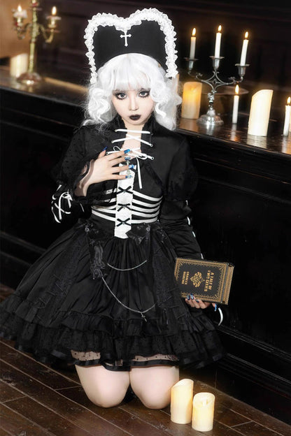 Black Gothic Princess Lolita JSK Dress with Multi-Layer Ruffles and Bowknot