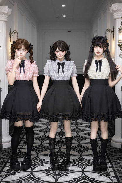 Puff-Sleeve Color-Blocked Faux Two-Piece Sweet Dress