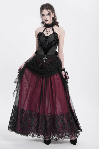 Crimson Stitched Floral Mesh Women's Goth Skirt