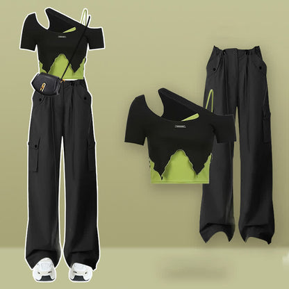 Oblique Colorblock Top Pocketed Pants Cargo Crop