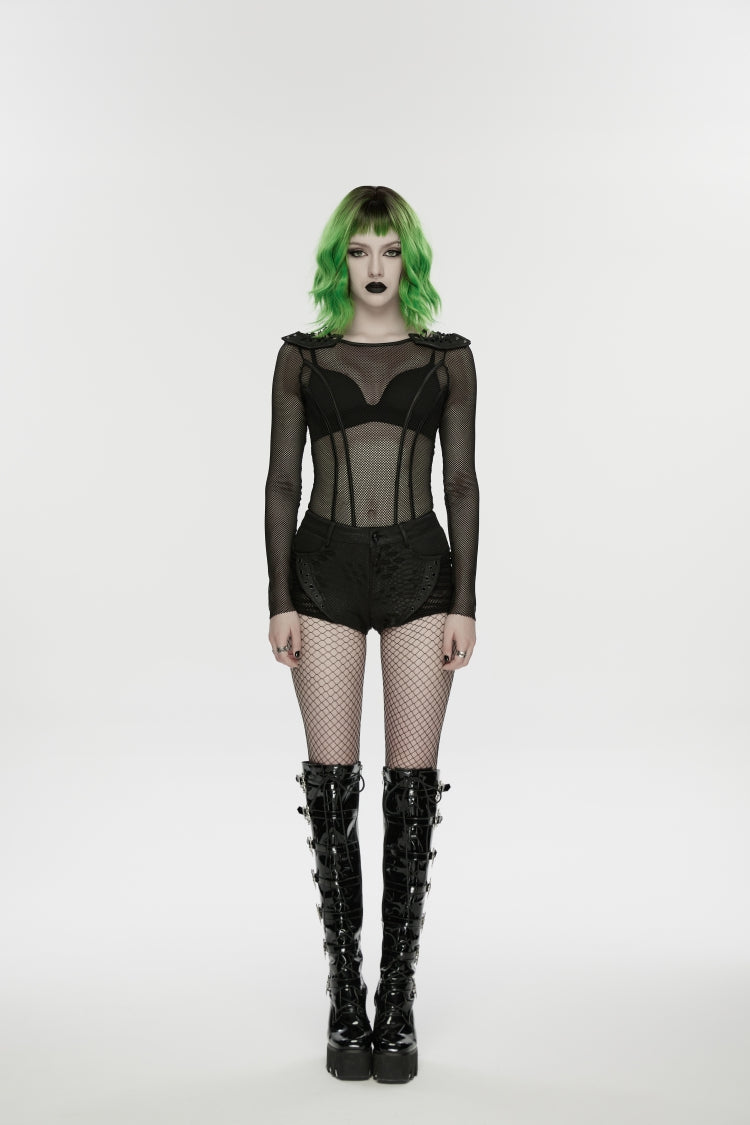 Punk Shorts with Irregular Cut-Outs and Eyelets