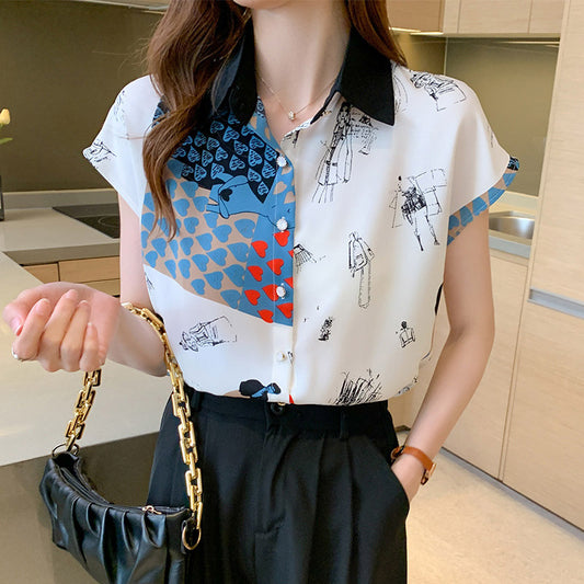 Vintage Colorblock Print Bluse Arbeitskleidung