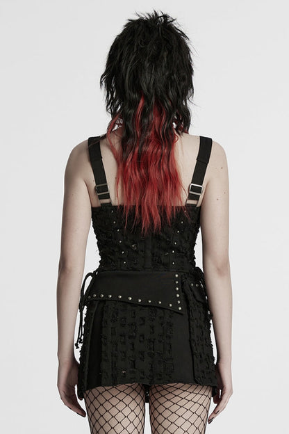 Black Punk Sleeveless Waistcoat with Rivets and Lacing - NoirEdge