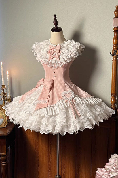 Rose Miss Tsundere Sleeveless Layered Ruffle Bow Lace Asymmetrical Princess Sweet Dress