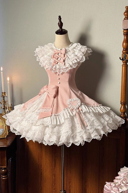 Rose Miss Tsundere Sleeveless Layered Ruffle Bow Lace Asymmetrical Princess Sweet Dress
