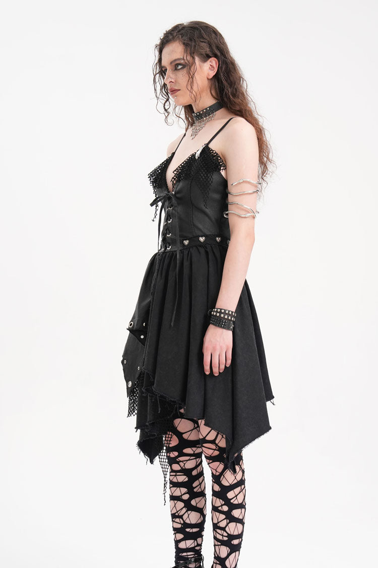 Mesh Panel Irregular Gothic Slip Dress in Black - NoirEdge