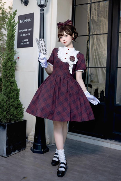 Showa Girls Summer Plaid Short Sleeves Classic Princess Lolita Dress