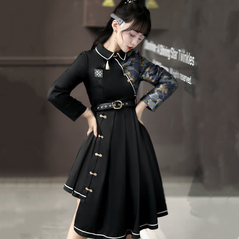 Black Lapel Floral Embroidery Button Splice Irregular Dress With Belt