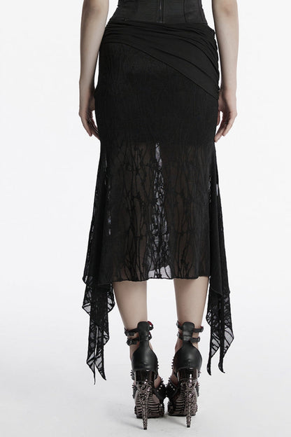 Ruched Mesh Asymmetric Black Fishtail Skirt Punk Women's Style
