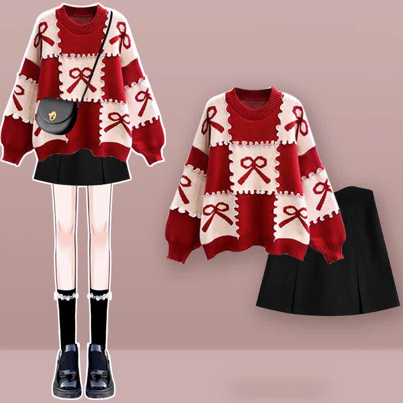 Plaid Knot Skirt Print Sweater Set Pleated Bow