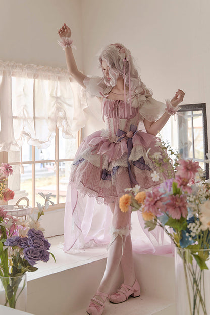 Pink Purple Rose Memoirs Sleeveless Multi-Layer Bow Lace Sweet Lolita Skirt Set