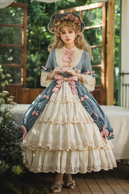 Lapel Short Trumpet Sleeve Ruffled Open Bow Lace Elegant Luxurious Lolita Dress