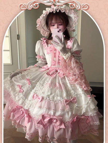 Pink Bow Accents White High Waist Sweet Princess Lolita Dress with Detachable Sleeves