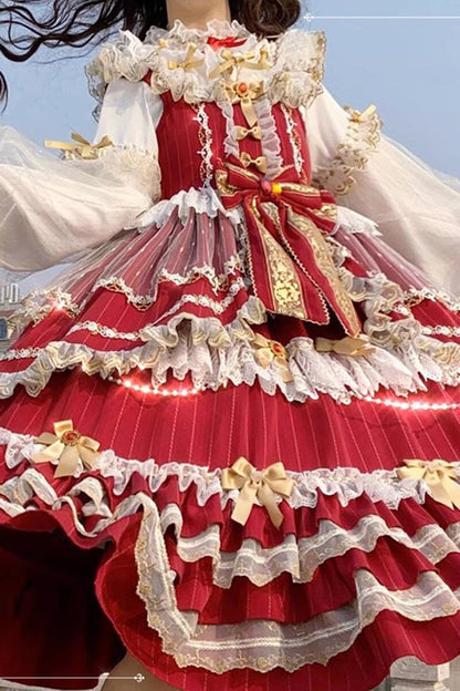 Wine Ruffled JSK Dress Sweet Lolita Multi-Layer Bowknot - Altfashion Shop