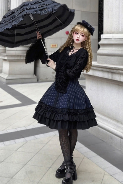 Double-Layered Striped Printed Gothic Jumper Dress with Jacquard Ruffles - Escape