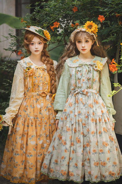 Golden Sleeveless Ruffled Bow Sunflower JSK Elegant Dress