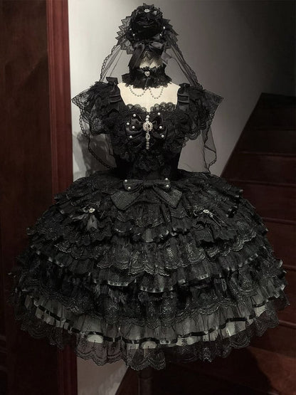 All Black Butterfly Fabric Bodice Hanayome Tiered Skirt Lolita Hime Dress