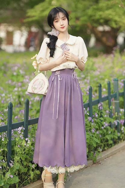 Solid Color Lapel Collar Short Sleeves High Waist Lace-Up Wave Hem Classic Lolita Two-Piece Set 7 Colors