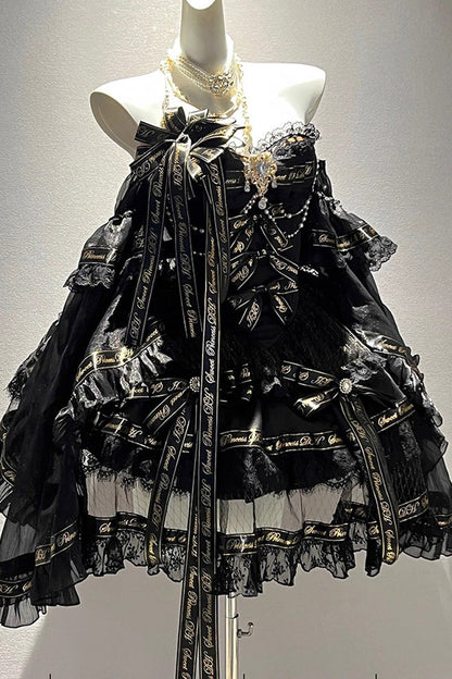 Sleeveless Gothic Princess Dress with Double Ruffled Bow and Pearls - Golden Obsidian Night