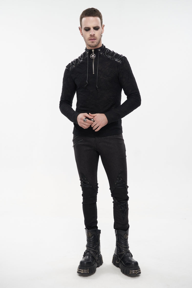 High Collar Lace-Up Pentagram Embellished Long Sleeve Tee