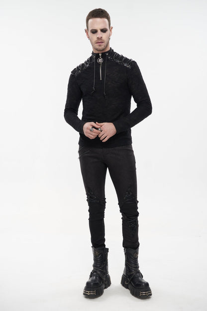 High Collar Lace-Up Pentagram Embellished Long Sleeve Tee