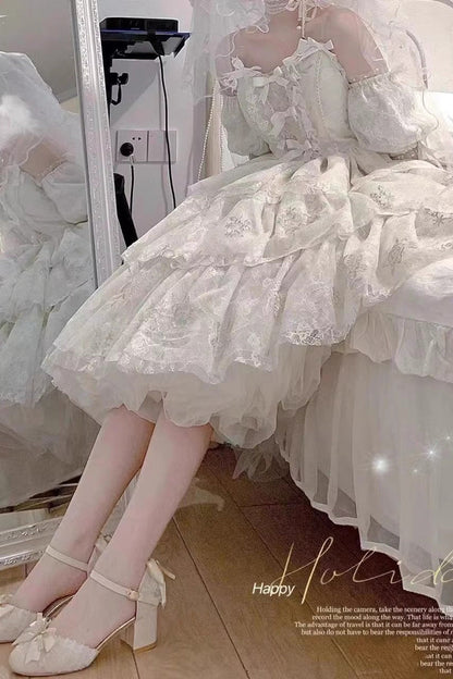 White Short-Sleeved Multi-Layer Printed Hanayome Bow-Trim Sweet Princess Lolita Strapless Dress