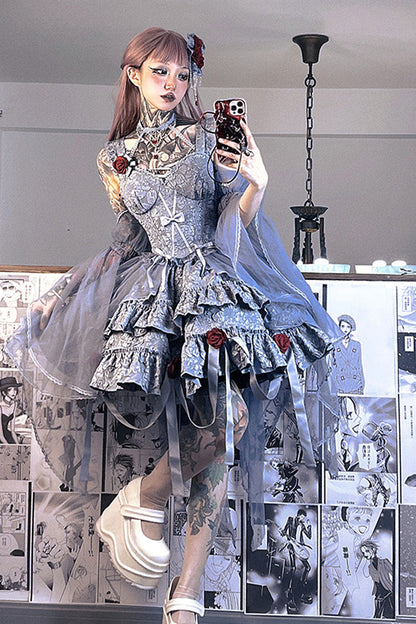 Weeping Rose Double-Layer Ruffle Embroidered Bow Lace Gothic Ballet Set