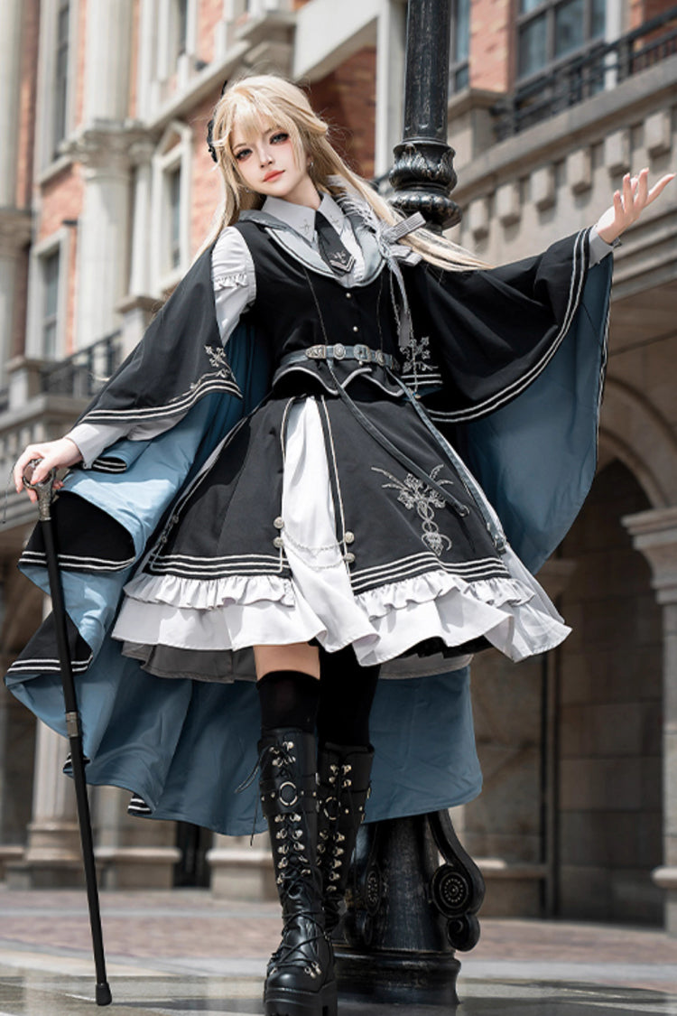 Black Blue Dark Knight Contract Print Ruffle Gothic Military Elegant Skirt