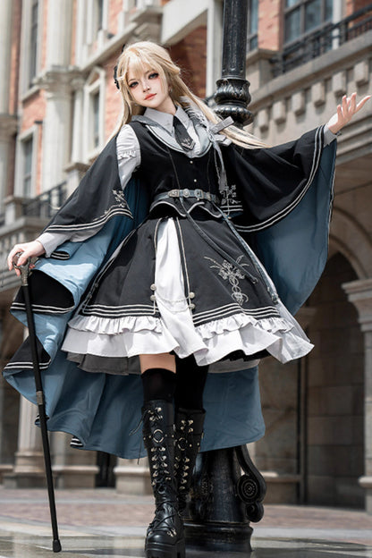Black Blue Dark Knight Contract Print Ruffle Gothic Military Elegant Skirt