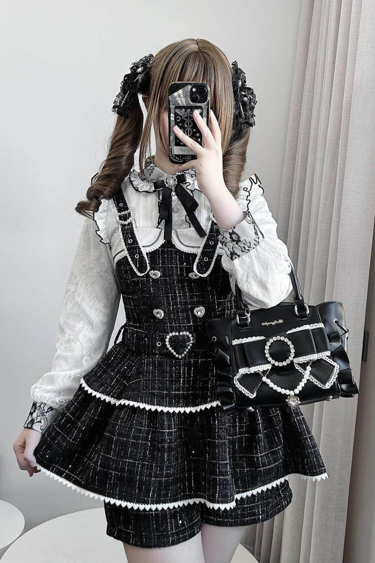 Black Plaid Pearl-Decorated Sweet Japanese Strap Dress Set