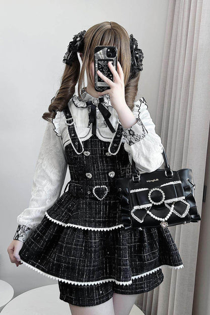 Black Plaid Pearl-Decorated Sweet Japanese Strap Dress Set