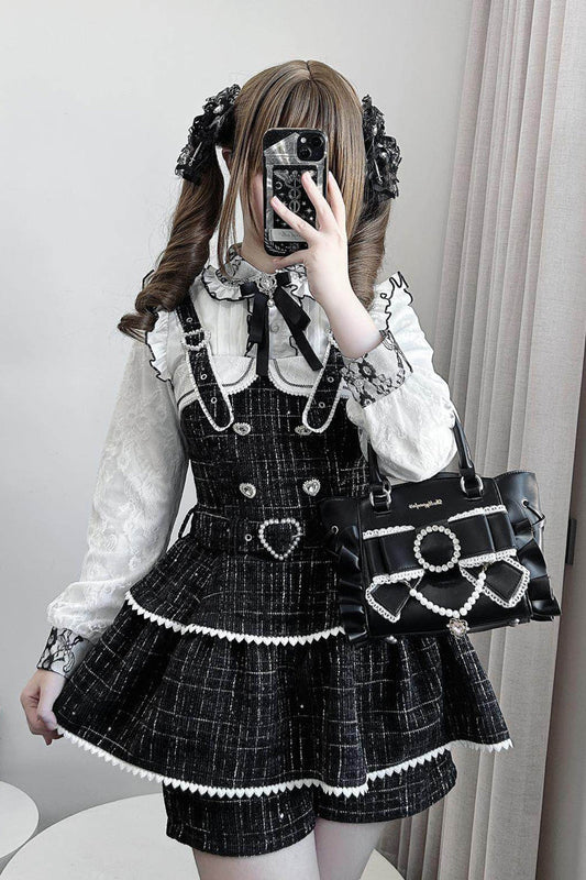 Black Plaid Pearl-Decorated Sweet Japanese Strap Dress Set