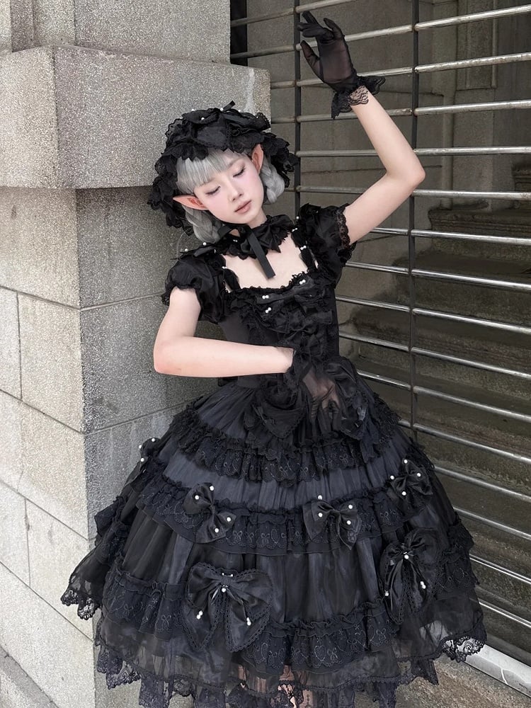 All Black Bow Accents and Bead Details Princess Lolita Dress with Big Bow at Back