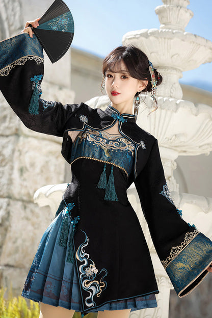 Cut-Out Embroidered Chinese Style Jumper Dress - Black/Blue Misty Teal