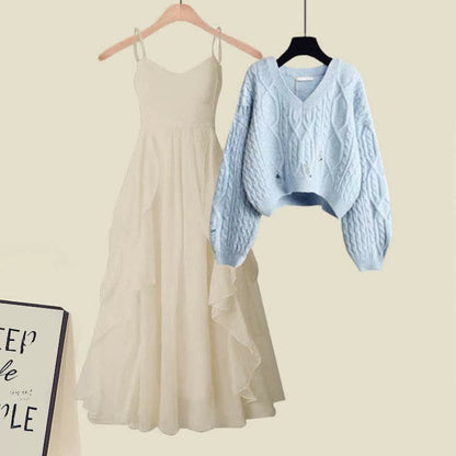 Elegant Knit Flouncing Slip Set Dress Cable Sweater