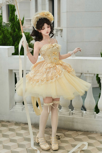 Sissi's Pilgrimage Off Shoulder Ruffle Bow Lace Sweet Lolita Short Skirt in Yellow