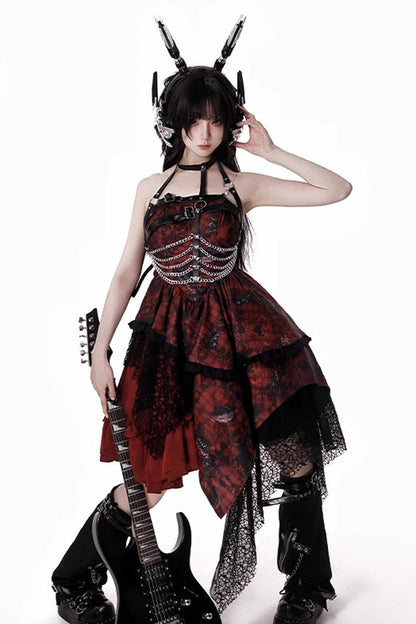 Sleeveless Printed Gothic JSK Dress with Asymmetric Ruffled Lace - Strawberries of Blood and Tears