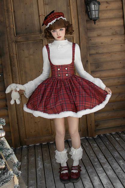 Crimson Striped Tartan Print Autumn Winter Fishbone Sweet Corset Lolita Dress