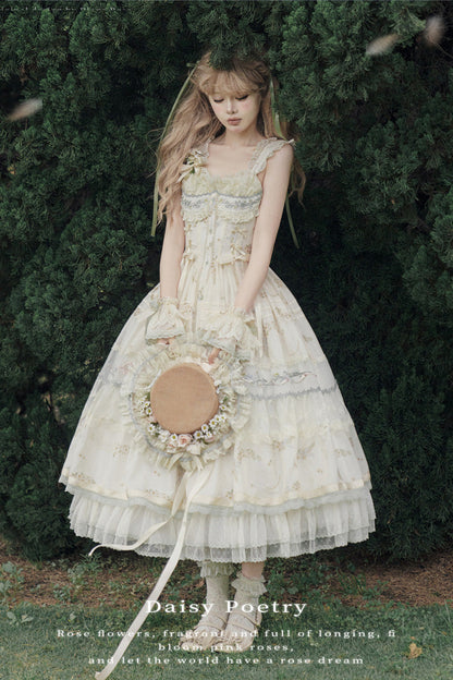 Multicolor Daisy Poetry Print Ruffle Lace JSK Dress