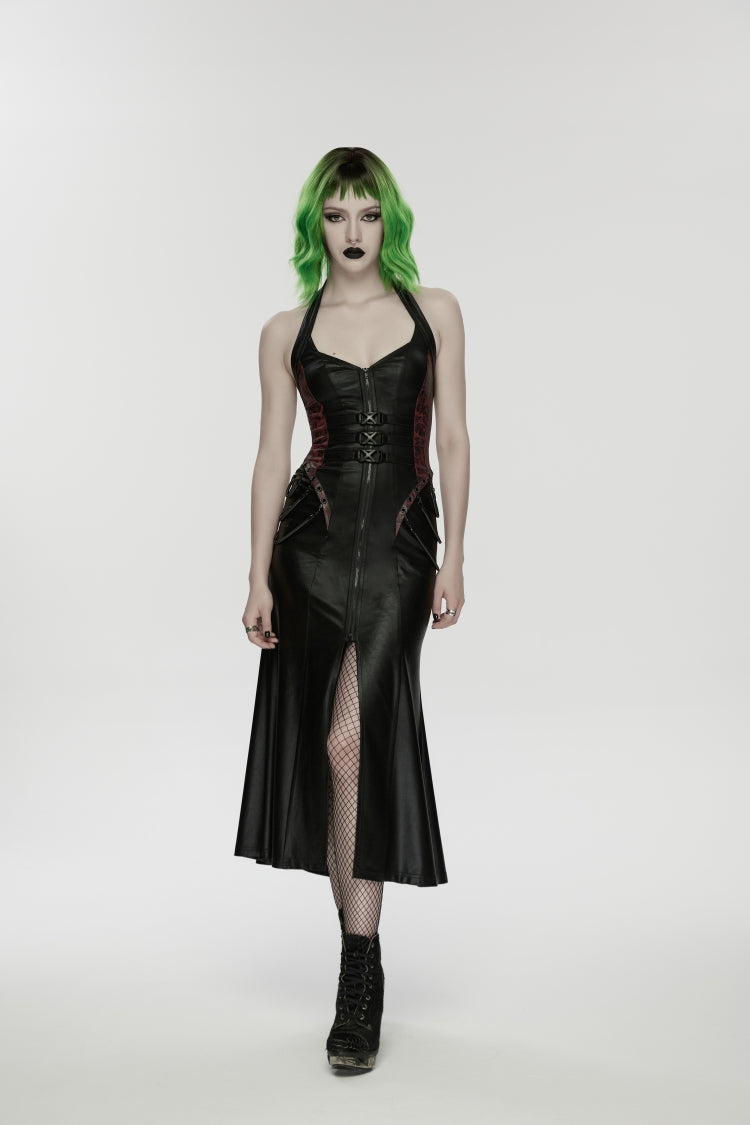 Halterneck Sleeveless Lace-Up Slim Buckled Punk Dress