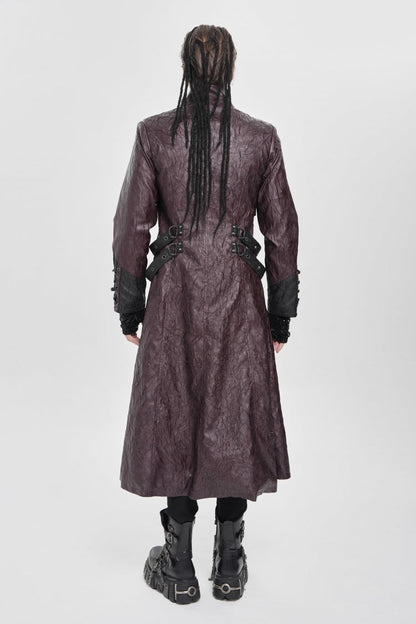 Crimson Mandarin Collar Zip Strap Eyelet Men's Punk Coat