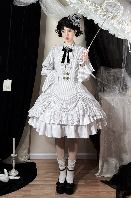 White Point Manor Multi-Striped Print Ruffled Bow Hem Gothic Lolita Skirt