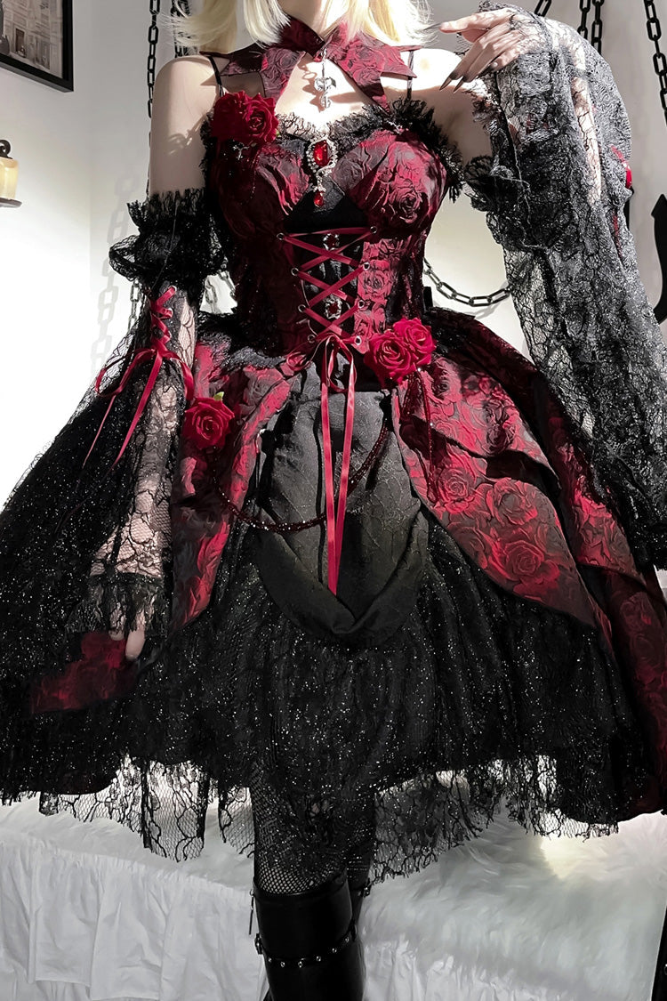 Weeping Rose Jacquard Lolita Dress with Lace-Up Cardigan - Noir