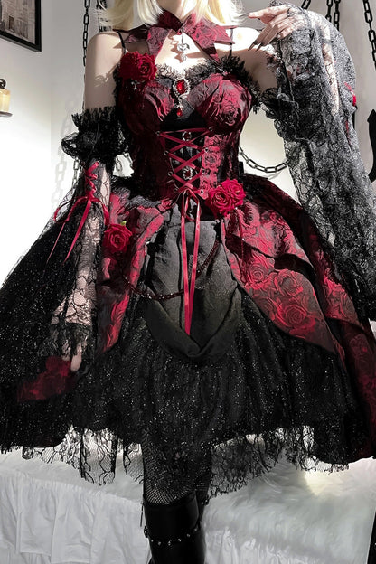 Weeping Rose Jacquard Lolita Dress with Lace-Up Cardigan - Noir